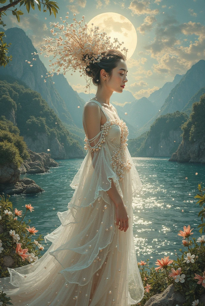 masterpiece, (absurdres:1.5), <lora:BlessedTech:.8> blessedtech (transcendent angel) young woman, native american, ebony skin, green eyes, lithe build, short dark layered cut hair, wearing Heavenly white tunic with golden sash, flowing chiffon skirt, wearing a ethereal tiara crafted from moonlight, gold stockings, pink flats, feathered (angel wings), (angel halo), wearing a celestial amulet glowing with inner radiance, set in divine temple, Dining Hall, Opulent hall with polished marble floors, a long banquet table set with fine silverware and crystal goblets, plush velvet chairs, exquisite tapestries adorning the walls, and a magnificent stained glass ceiling depicting heavenly scenes