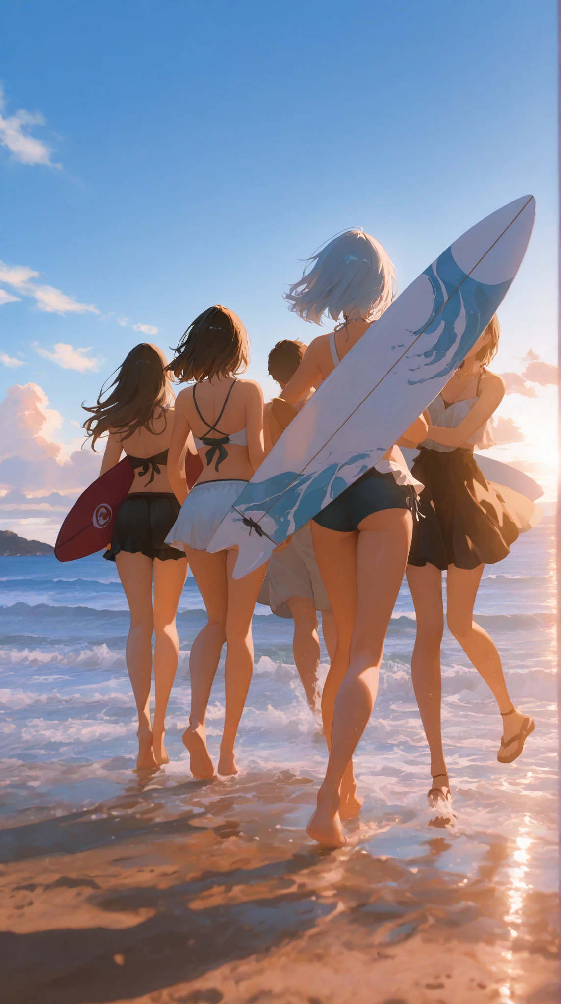 Three bikini girls surfing side by side on a moonlit night。