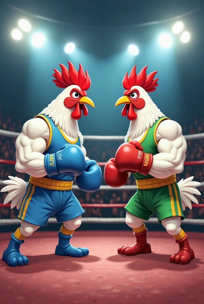 A muscular pig, puffed out and shirtless, green tattoo, crossing his arms above his head pointing the middle finger of both hands, inside a soccer stadium, next to a muscular rooster bird, puffed out and shirtless, black tattoo, crossing his arms above his head pointing the middle finger of both hands