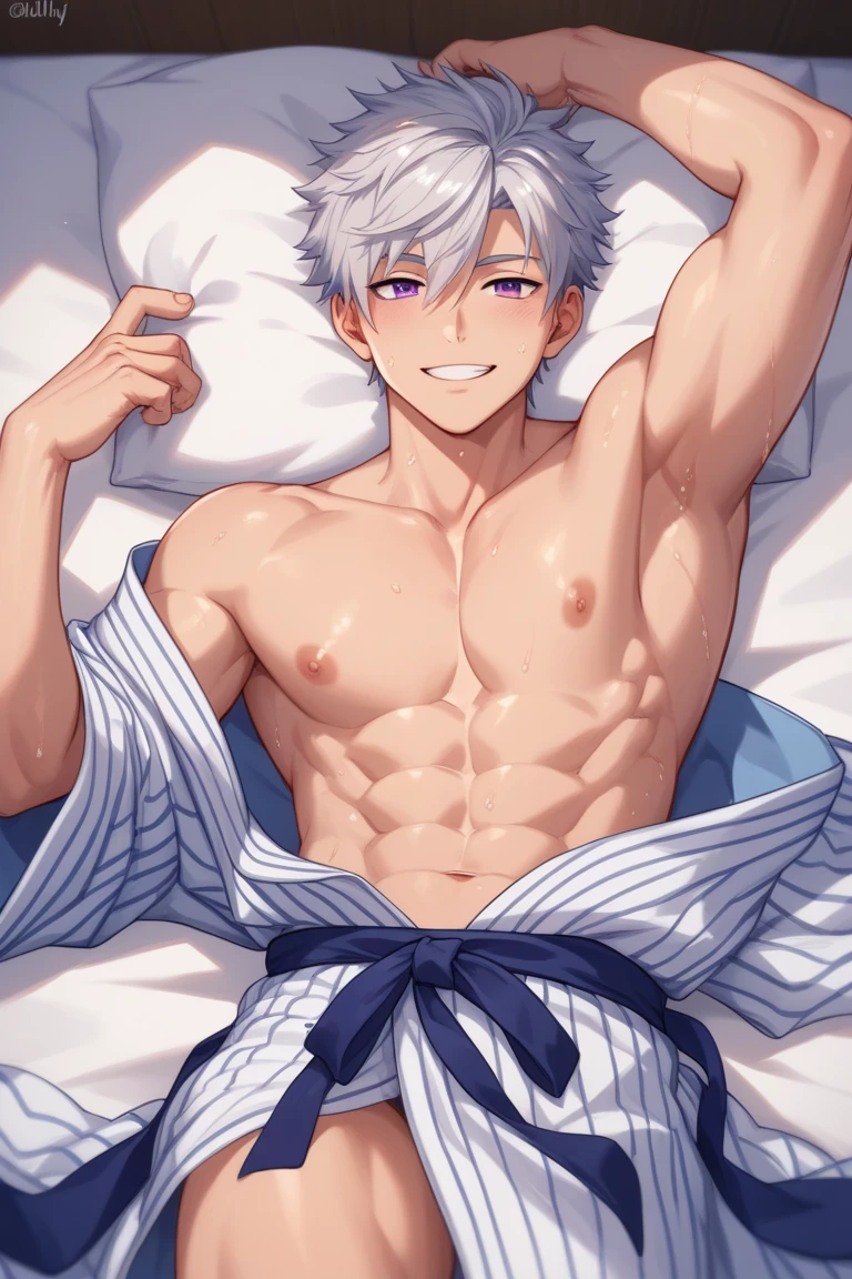 absurdres, highres, ultra detailed, HDR, master piece, best quality, extremely detailed, Gojou Satoru, white hair, expressive blue eyes, white eyelashes, Jujutsu Kaisen, solo, sexy man, handsome, horny, sensual, lewd, wearing only a apron, kitchen, sitting on top of a table, legs spread, dick, erection, without shirt, without pants, Pov you, having anal sex, Nu Carnival