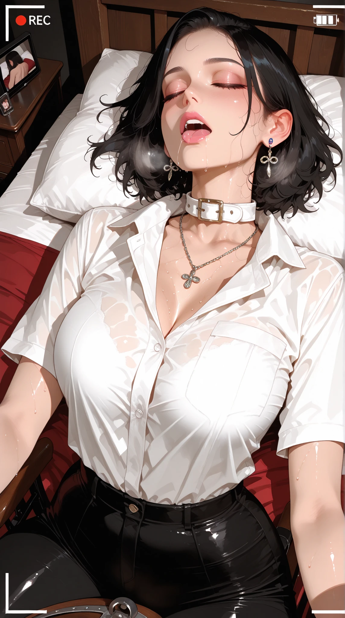 masterpiece, ultra realistic 8k CG, perfect artwork, (rich:1.4), cinematic light, ((masterpiece, best quality)), girl, sitting, athletic, muscule, v abs, slender:1.2, wet shiny skin, black hair, (medium hair), messy hair, (pale skin, pale-skinned female),1girl, (one breast out), nipples, giant breasts, breast slip, red eyes, highly detailed face, sundress, black lace dress <lora:oneBreastExposed_11:1.5>,  Lace pattern, delicate lace pattern, intricate detail, porn studio background, <lora:FashionMagazineStyle_v10:0.7>