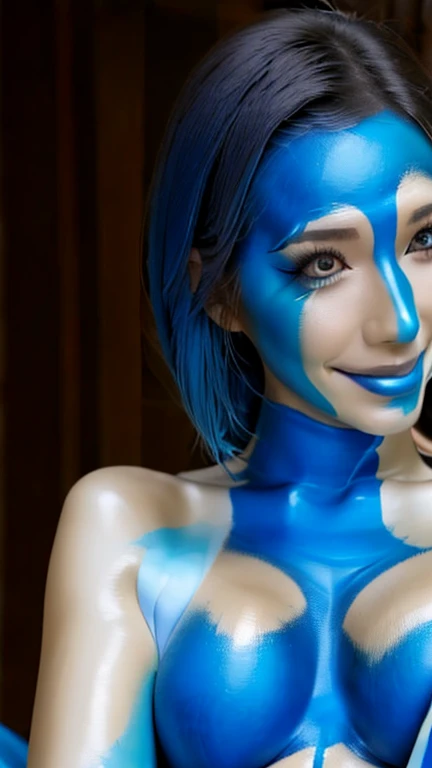 Portrait of a cute 10-year-old girl with a perfect, Beautiful face , blue hair, realistic, attractive, Flirting, fotorealistic, Detailed Skin, Hyperrealistic, naked, without any clothes, small breasts, , tiny body, European girl, full body, showing entire body, spread legs, super blue colored skin, glowing red eyes, deep blue colored skin, skin is blue colored, at the beach, sitting in the sand, smiling, razor sharp teeth, showing her teeth, open mouth, very pointy teeth, shark teeth, painted blue skin