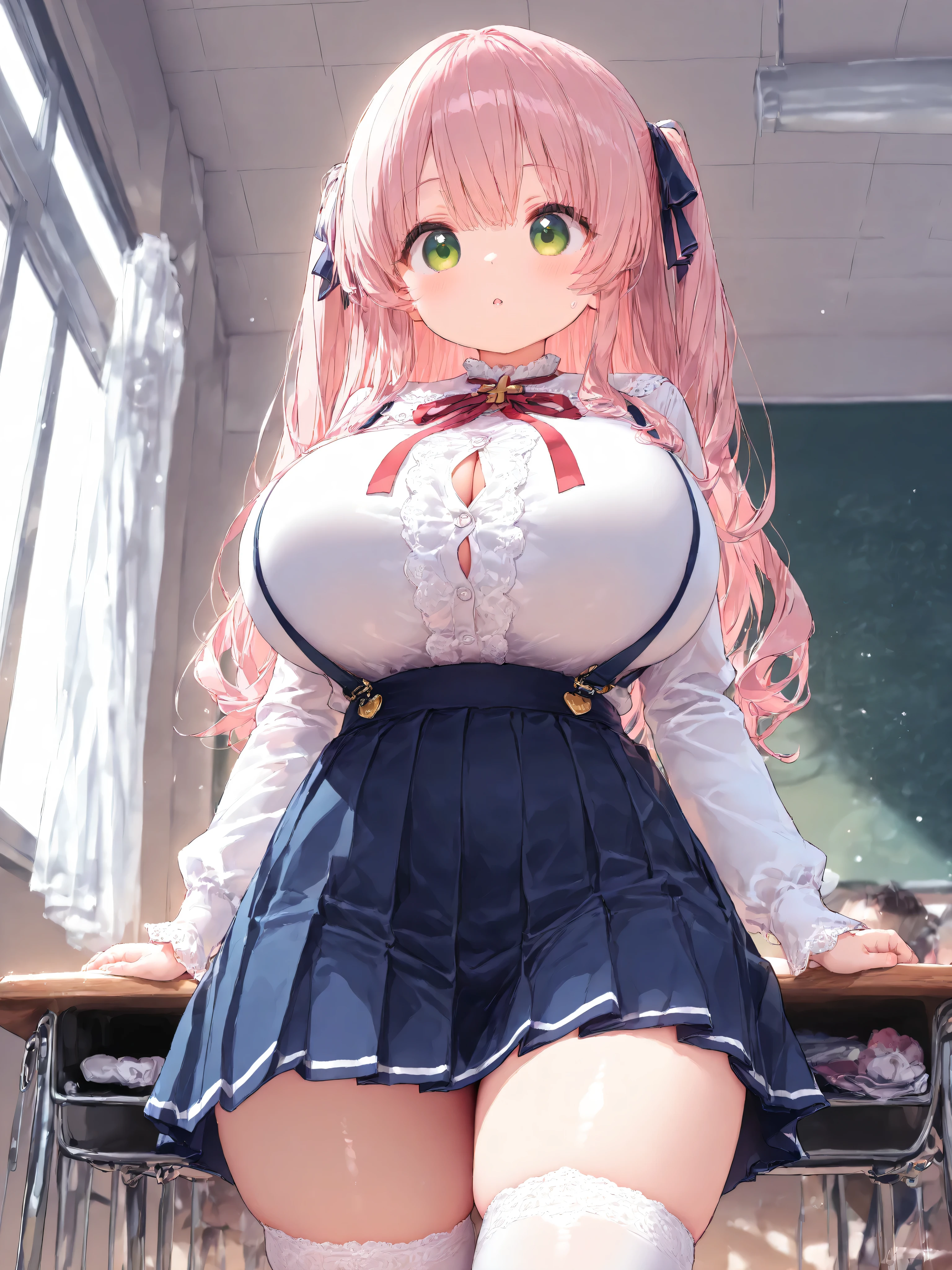 highest quality、High resolution、detailed background、beautiful and detailed face、beautiful and smooth skin、skin texture、Beautiful teenage girl、(two beautiful girls)、(huge breasts:1.3)、cute編込みポニーテール、
(pink floral embroidered panties、No bra、under squat down))、show me your pants、panty shot、
cute色のセーラー服、Cute colored school cardigan、white sailor collar、Pleated mini skirt with tartan plaid pattern、white knee high socks、white overknee socks、Accessories such as flower hairpins and ribbons、cute、
big ass、emphasize the chest、emphasize cleavage、legs open、look at me with a provocative expression、sexual expression、underboob、panty shot、camel toe