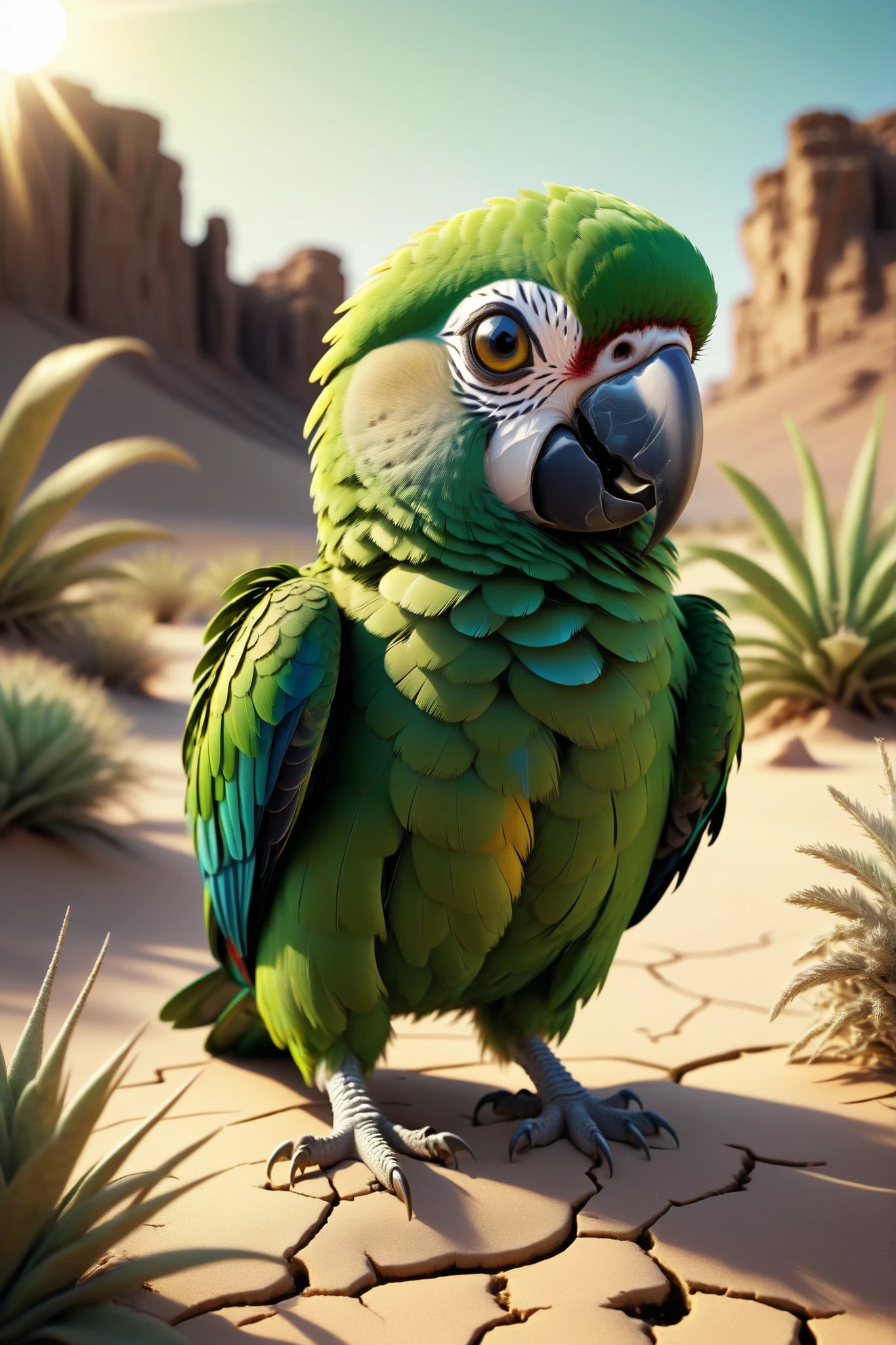 a cute green parrot with large round eyes and a downturned beak looking sad, standing on dry cracked earth with sparse withered desert plants, a hot sun beating down above, its expressive emotional face showcasing a sense of longing, with realistic textures and intricate feathers, rendered in a 3D 4k realistic cartoon art style with vibrant green plumage and a subtle sheen to its eyes, the parrot's skin is a soft blend of green and yellow hues, with a few loose feathers ruffled by the desert wind.