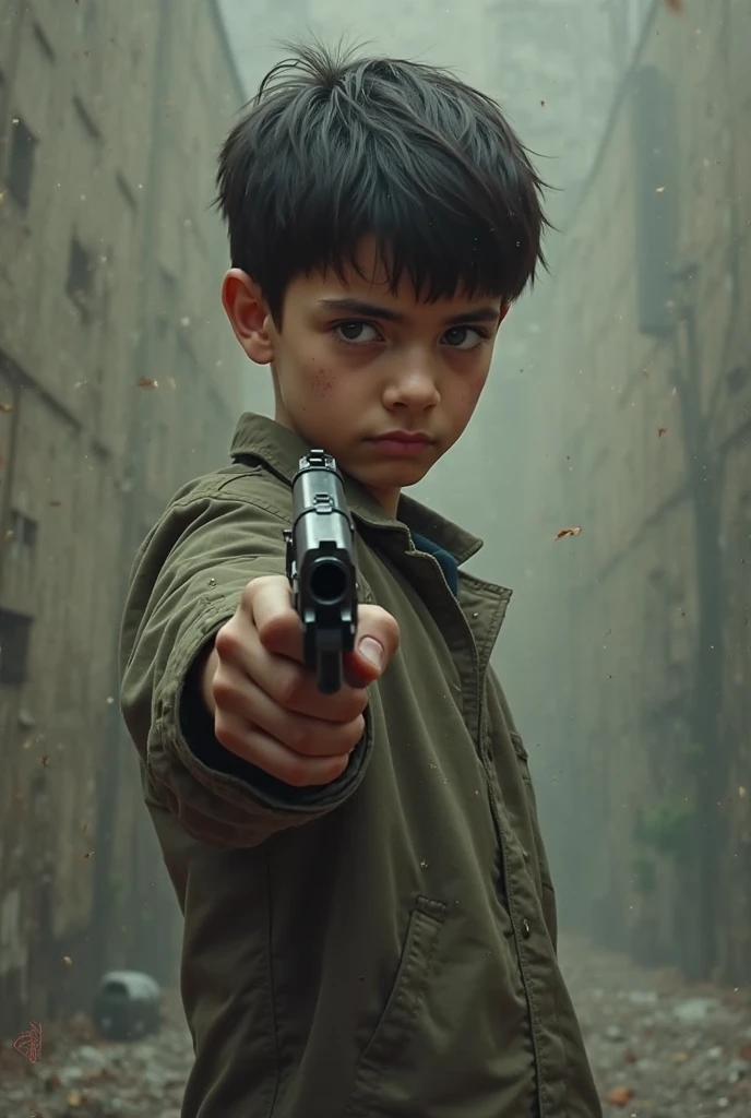 Rebellious boy with messy hair pointing a gun to the left sideRebellious boy with messy hair pointing a gun to the left side