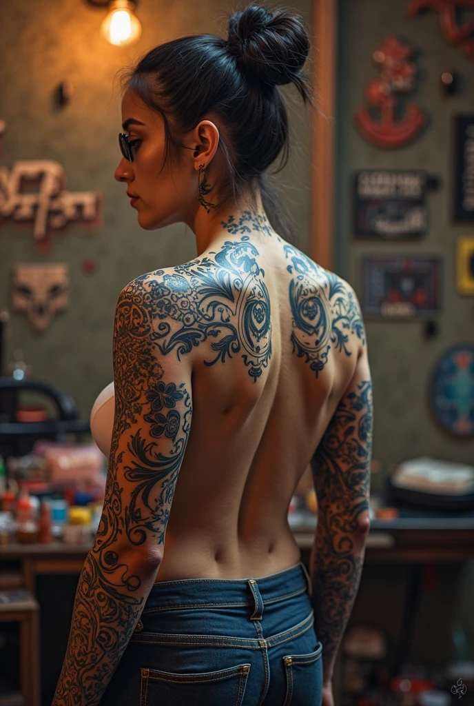 8k, top-quality, hight resolution, realisticlying, realperson, Beautiful woman on her back、sitted、Have all the tattoos on your back、Looking back at a sexy defined body、 Denim shorts