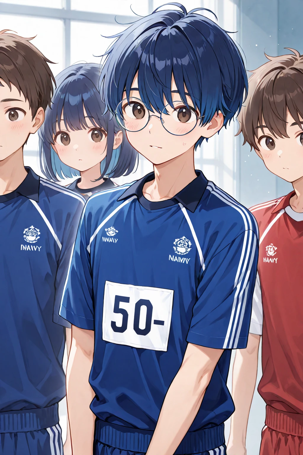 夏休みのprimary school校、Pool、primary school５Grade、Japan Boy、The water feels good、hot day、Two Boys、Various poses、Short sleeve gym uniform、Blue shorts、physical education、barefoot，（Boy 1.4）、Boys only 、(１０Age 1.４)