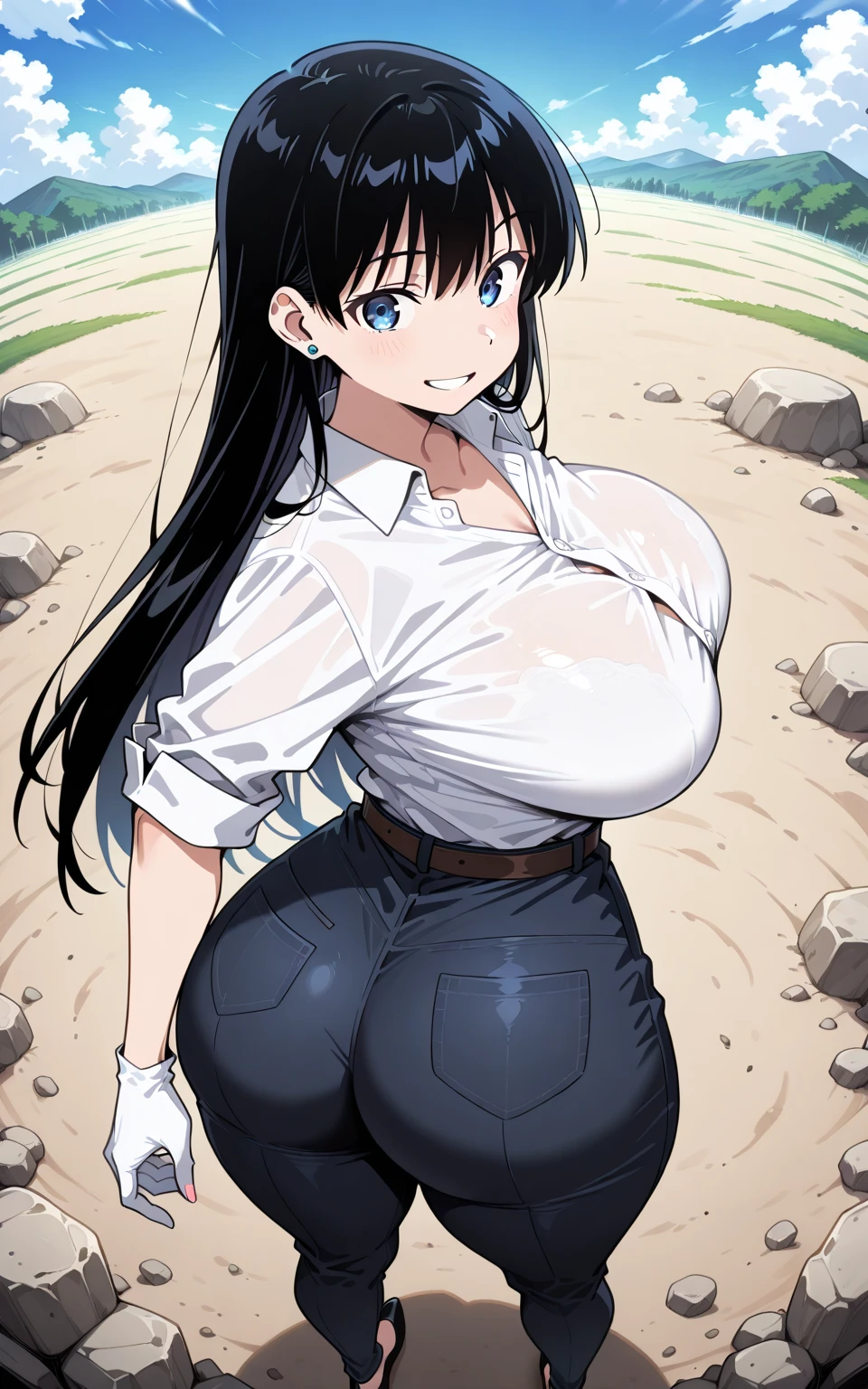 Plump, big breasts, black hair, brown eyes, chubby, smile, (cow girl Kemonomimi: 1.5), blue jeans overalls, longer hair, anime