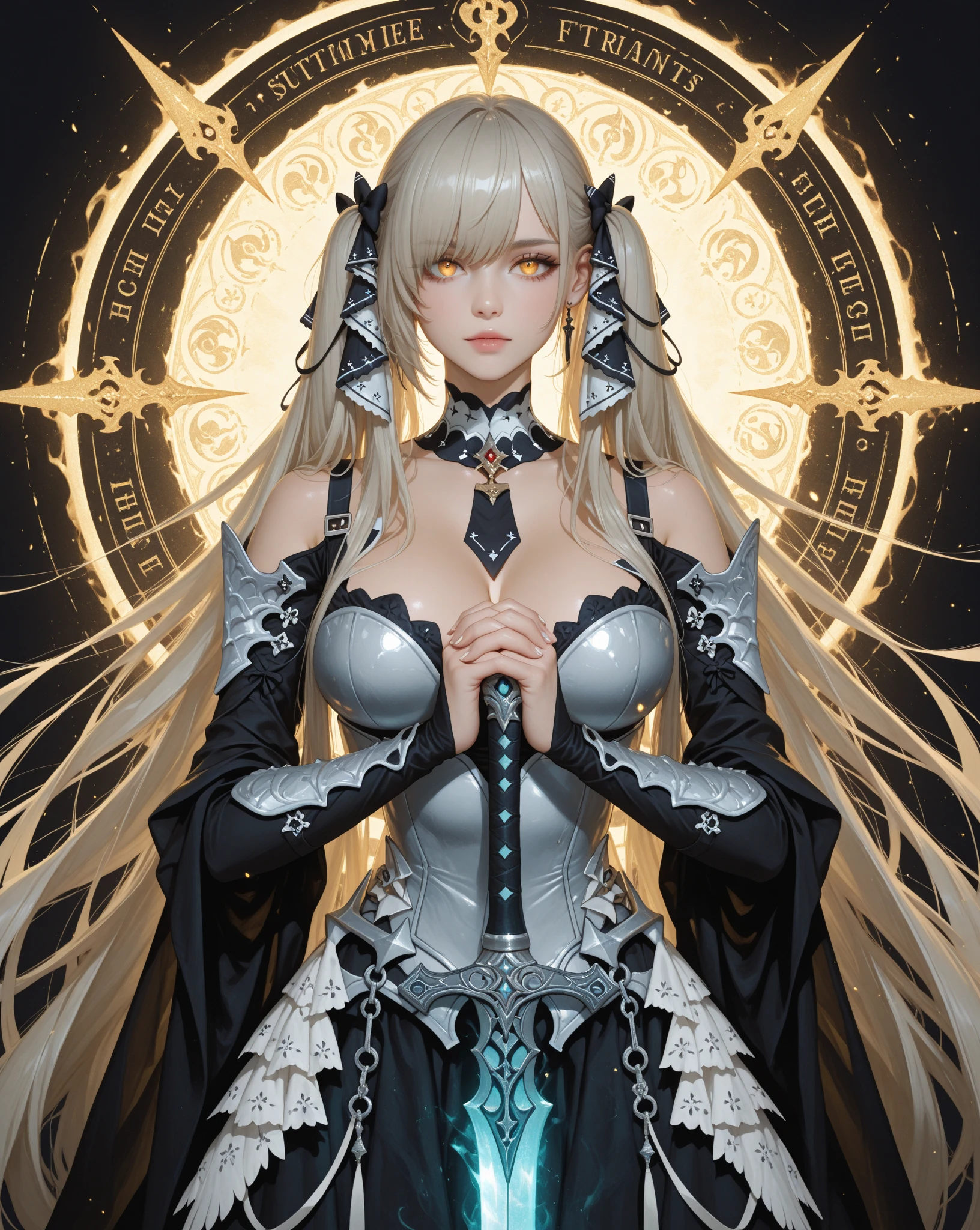 solo, high resolution, highest quality, super high quality, super detail, ultra realistic, photorealistic, anime, illustration, fantasy, Northern Renaissance style, super beautiful goddess, mysterious, enchanting, sharp slit gold eyes, flowing layered side braided white hair, tattoos, huge breasts, perfect proportion, full body, wearing see-through robe embroidered with gold, background galaxy, magic circle,
kaleidoscope, rainbow and gold neon light many lines