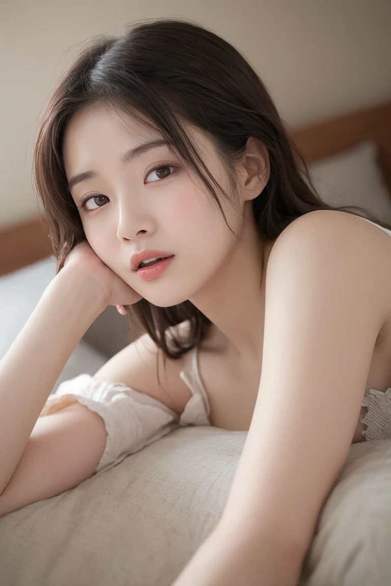 8k, best quality, masterpiece, realistic, ultra detail, photo realistic, hyper realistic, in morning sunlight in bed room. smoother lighting, increase cinematic lighting quality, A beautiful Japanese woman lies naked on her stomach in bed. (lying:1.4) she is looking back and looking up on bed. ((Upper body image from behind)), ((short bob brown hair)), Her cheeks are slightly red, while looking at me with seducing smile.