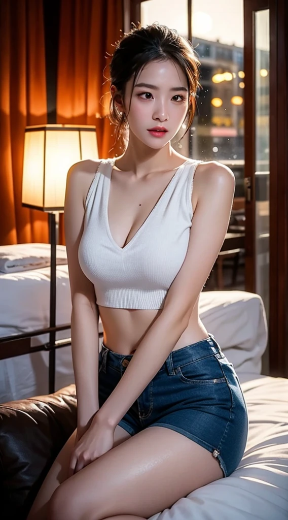 (((best quality, 8k, masterpiece:1.4)), (20 year old woman), masterpiece, different, high resolution, high quality, wide angle, small face, short hair unreasonable, female, sagging breasts, shapely, stretching, gentle face, bare shoulders, midriff, downblouse, (very long wavy blonde hair), (Sitting alone on the living room sofa), (C-com breasts saggy), winter forest, winter:1.3, big eyes:1.3,