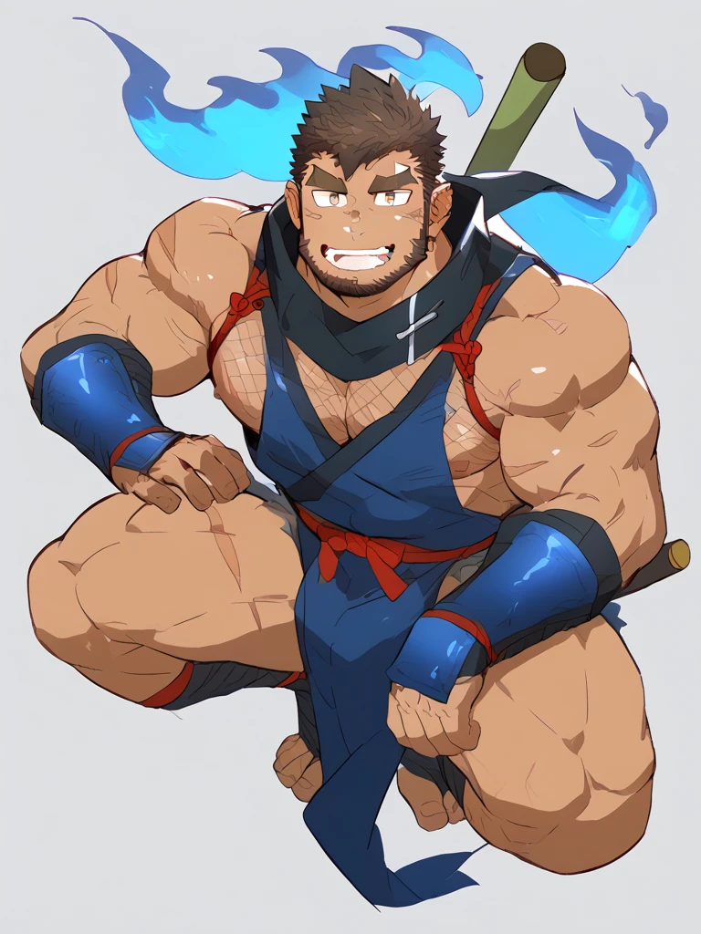 20 year old man, rough appearance, masculine, muscular, MMA fighter, short shaved tousled blue hair , beard on chin, green eyes, wide eyebrows, whole body, tight blue compression shorts, shirtless, MMA gloves, anime style.