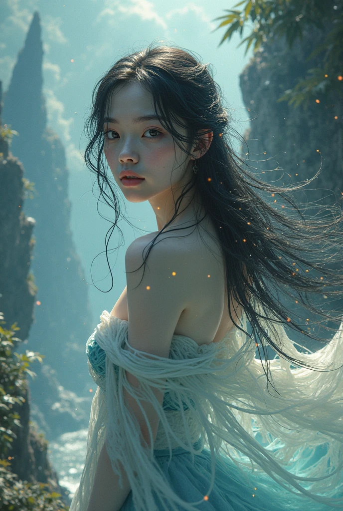 Top Quality, Masterpiece, High Resolution, 8k, wide objective, full body shot, ((skinny cute girl, barely legal, age 14, (oversized silky see-through blouse with plunging Neckline, off-shoulder, short sleeves), mediumperky breasts, extremely detailed face, detailed eyes, thin eyebrow, detailed lips, no makeup, long slick ponytail side shaved hair, small hips, (in a spaceship, on a bed), dim light, dramatic and neon colors, futuristic setting, intricate details, at night, random pose, random neon colors))