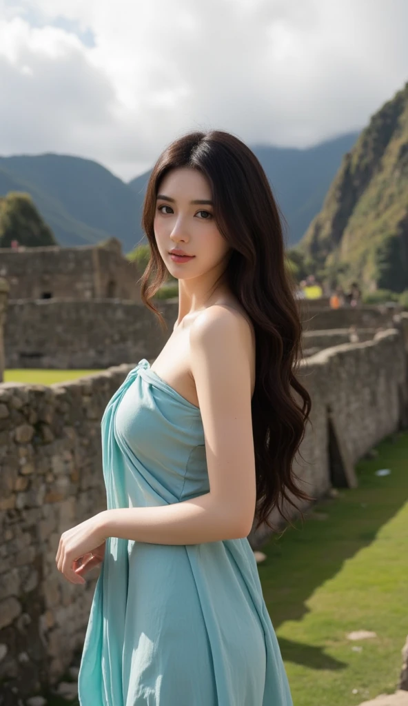 Ancient Roman ruins,Landscape in the style of Poussin,Laughter,,Sweet and seductive appearance.、Caravaggio's paintings、Caravaggio's Chiaroscuro、Hair tousled by the wind,Two women playing,Cute Smile, Expressions of Ecstasy,Sexy,erotic