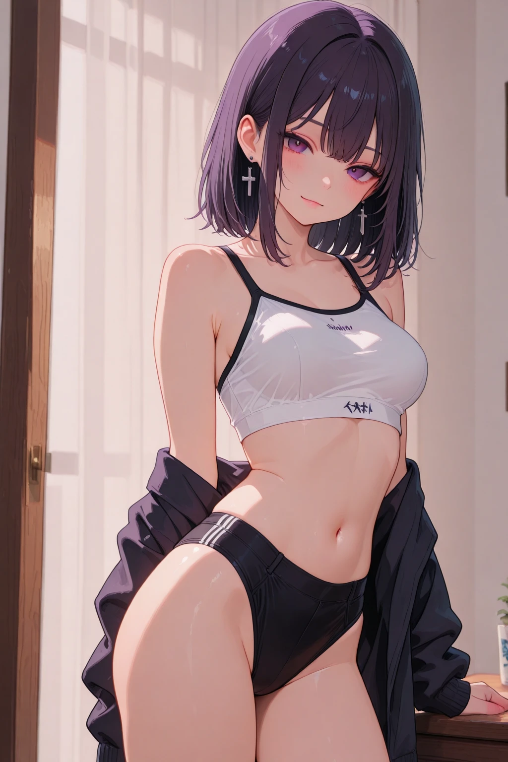 Female, skinny, narrow large breasts, black hair with pink highlights, brown eyes, (tan skin:1.3) straight hair,  hime cut,(white croptop:1.4), short sleeves, bed, kneeling, facing viewer, (black panties:1.4), groin, parted lips, underboob, blunt bangs, white shirt, babydoll