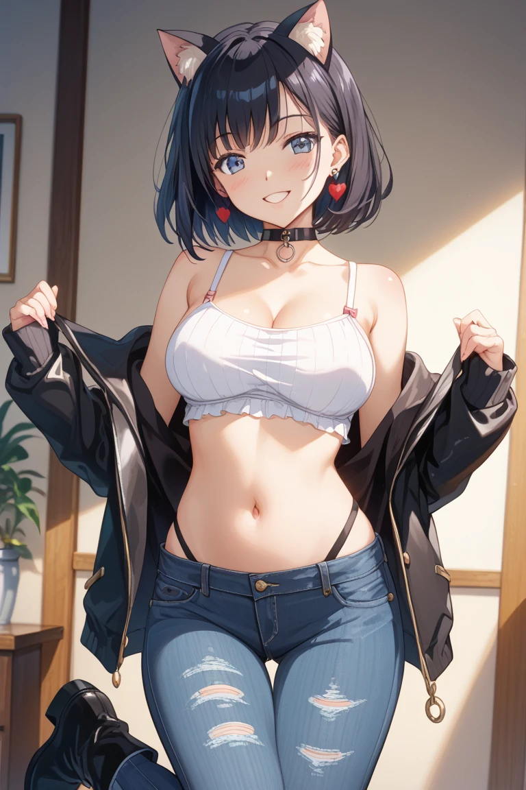Shorts、Black Hair、short hair、Embarrassed、White underwear、Blushing、Open your mouth、Show your breasts、Stick your buttocks out with your hands on the wall