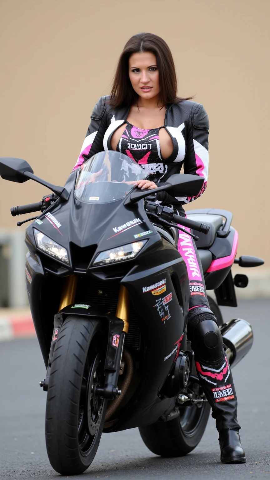 ((Posing astride a motorcycle)), (Outdoor event venue))), ((Alathur: 35 years old)), ((Giant: 1.8)), ((Korean beauty)), (Emphasizing cleavage)), ((Close-up of a woman straddling (Motorcycle)))), Purple leather corset, wrapped in leather straps, attractive, seductive and attractive, purple leather bra, ( Sensual, cheeky, seductive, dressed in purple leather ((mini tight skirt: 1.5)) and white leather panties)), leather clothes and boots, leather, jokes, leather stockings, purple leather costume, harness and garter, full leather costume