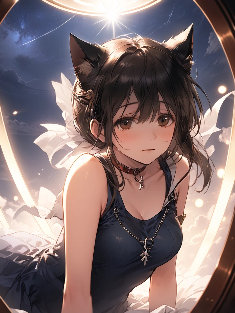 Huge wolves huddled together、Detailed depiction of bulges and wrinkles in ultra-thin , (masterpiece), (Highest quality), One girl, (Perfect Face:1.2), (Beautiful Face:1.2), Black Hair, (From below), Happy, A light smile, View your viewers, Sexy pose, , Outdoor idnight, Night Sky, milky way), Complex, Depth of written boundary, Cinema Lighting,