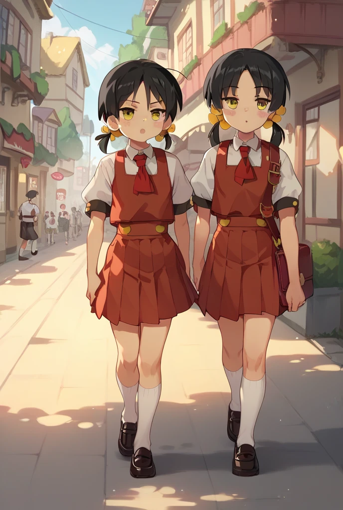masterpiece, High resolution, Realistic, Black Hair, Asian Girl, Ponytail, Hair Ribbon,(very young face).○, A girl wearing a pink idol dress (((Beautiful thighsを露わにするキラキラアイドルドレス:1.2)))、(Wearing folded over, Too short mini frill skirt), (Black Hairのアジア人), Outdoor, ponytail, Are standing, Outdoor, wearing red Backpack, (Backpack:1.1) (赤いBackpack:1.2)、((Beautiful thighs:1.39)),((Lovely:1.4)), Standing Full Body, wearing red boots, (boots:1.2), Pony Neck Ribbon, Red hair ribbon 