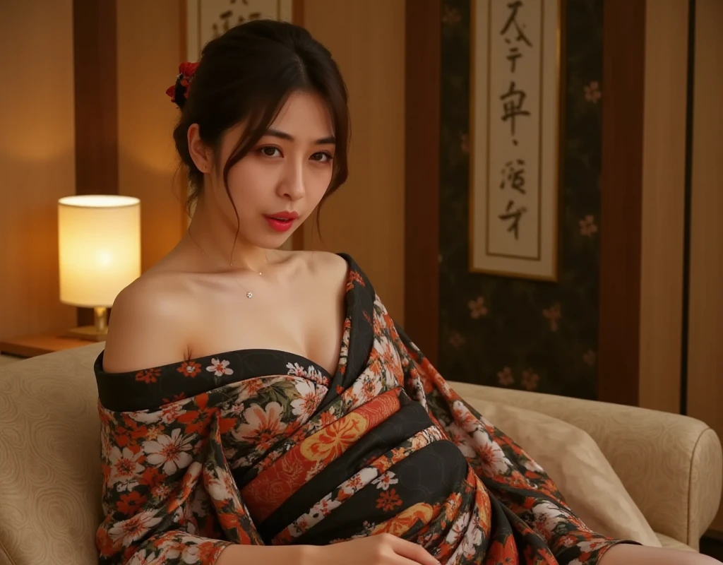 a beautiful japanese woman, woman wearing traditional japanese white kimono with flower patterns, woman lying on bed face down in private room, woman facing away from camera, woman with thick luscious bun hairstyle, woman in submissive pose, (best quality,4k,8k,highres,masterpiece:1.2),ultra-detailed,(realistic,photorealistic,photo-realistic:1.37),warm soft lighting,muted color palette,dramatic backlighting,elegant,serene,moody,intimate