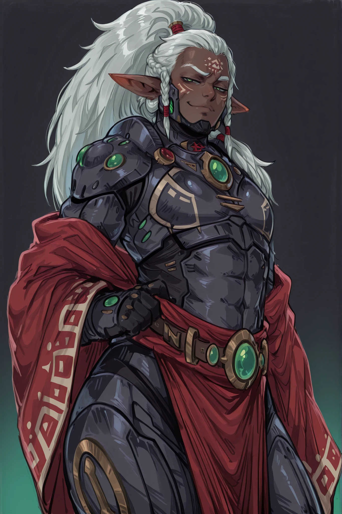 kurenaiz, Drunkr3mbr4ncer, masterpiece, best quality, amazing quality, very aesthetic, high resolution, ultra-detailed, absurdres, newest, 1man, male focus, ((ONLY MALE)), male character, grown man, solo, flat chest, little masculine, slightly broad shoulders, aeldari-Il, eldar, Exodite warrior prince, muscular dark-skinned male, elf sharp ears, no helmet, face, ponytail, braid, smug, ethereal green eyes, lustrous silver hair, power armor, lorica musculata, tribal fusion aesthetic, animal fur cloak, simple two-color background, detailed armor patterns, dynamic pose, Medium Shot, BREAK,