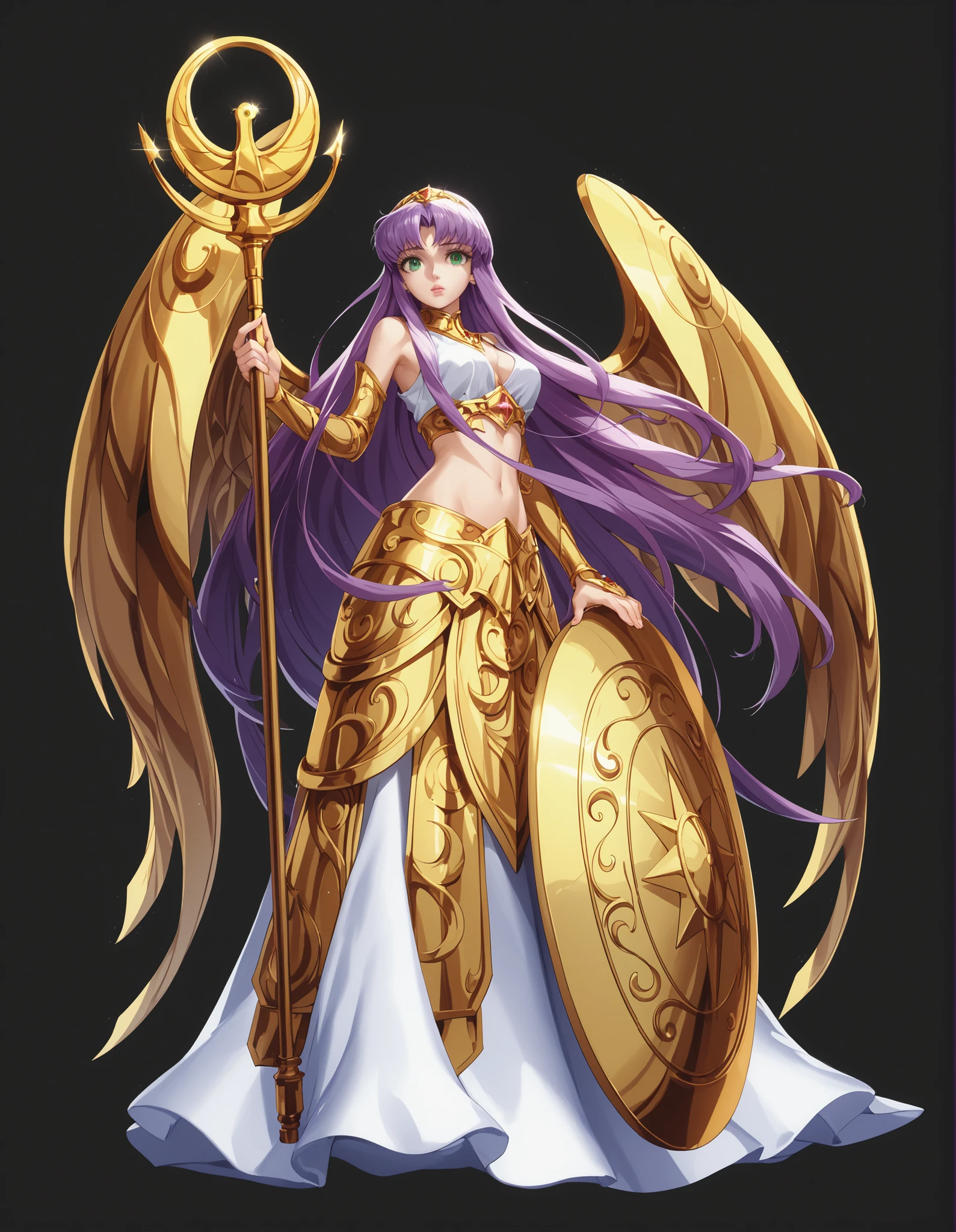  pretty face，melon face，green eyes，Wooden _Saori , Saint Seiya Athena and her simple long light purple hair,green eyes on the throne,rosy cheeks, Full lips ,Thin eyebrows,slim figure,Greek cloth and very long skirt,Holding a holy vessel，cute anime girl,Full Body,long purple hair,anime style,Lumen Reflection,screen space reflection,Diffraction Fractionation,Chromatic Aberration,GB displacement,Scan Line,ray tracing,Anti-Aliasing,FXAA,Thailand ,RTX,safety assessment office,Shaders,OpenGL-Shaders, GLSL-Shaders,Post-Processing,post-production,Cell coloring ,Tone Mapping, Program Gateway , visual effects ,Sound,extremely detailed and intricate, 4K,Wooden _Saori , standing,  solo, masterpiece after sex, best quality, detailed face, meticulous eyes, high-resolution
