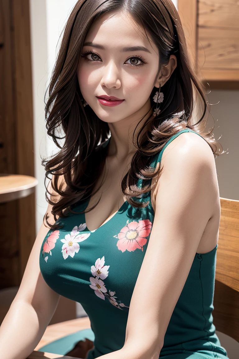 ((Best Quality, 8K, masutepiece: 1.3)), Focus: 1.2, wearing  cheongsam, small flower print, Exposed breasts, cleavage, split ends, Full body photo, Long legs, Overall view, Cafe Wall, Highly detailed facial and skin texture, Detailed eyes, Double eyelids, Whitened skin, Long ponytail
