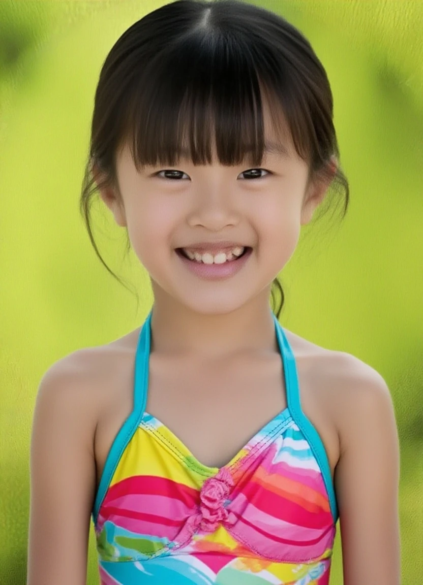 (masutepiece, Best Quality:1.5), 8 year old beautiful girl, 8K, 50mm portrait, Raw photo, absurderes, Delicate girl, (Close up face, full of sweat, Shiny skin, gym room, exercise:1.2), Upper body, Looking at Viewer, (Smile:0.4), breasts focus, Thin arms, very thin waist, No makeup,face lights, clear lighting, Film grain, chromatic abberation, (Bokeh:1.3), (Simple background:1.2)、(All Nude)、rib、or thin legs、full bodyesbian、Child's body shape、(8 years old girl)、(flat breast)、(Very cute face)、(petite body)、(FULL BODYSHOT)、(Bursting smile)、