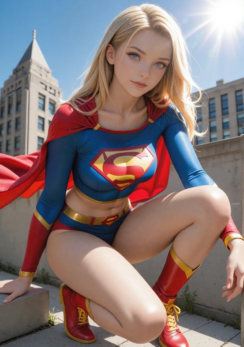 (Supergirl spreads her legs in a sexual pose)、(White panty:1.2)、a miniskirt、(a blond:1.3)、(American Beauty:1.5)、(A detailed face:1.2)、(Red boots)、(On the rooftop of a skyscraper in New York)、(At SFW:1.2)