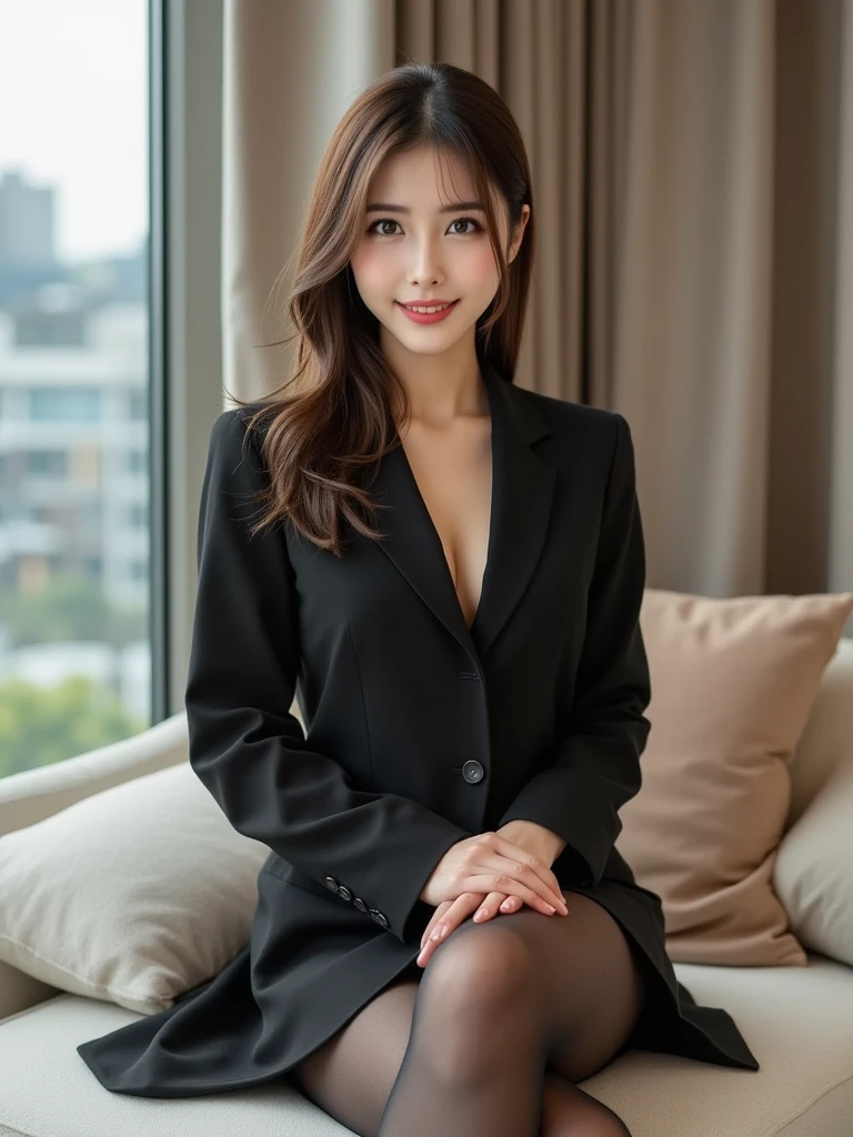 whole body, Highest quality, Realistic, Very detailed, finely, High resolution, 8k wallpaper, One beautiful woman,, Light brown messy hair, Wear a business suit, Sharp focus, Perfect dynamic composition, Beautiful and detailed, Thinning hair, Detailed Realistic skin texture, smile, Close-up portrait, Model body type,Cleavage、length, muscular, Beautiful feet、Beautiful legs、Super mini tight skirt、Thin black pantyhose、I can see the toes of her high heels、Perfect Style、Sit on a chair、View from below、Healthy Thighs、tight ankles、pantyhose、Japanese