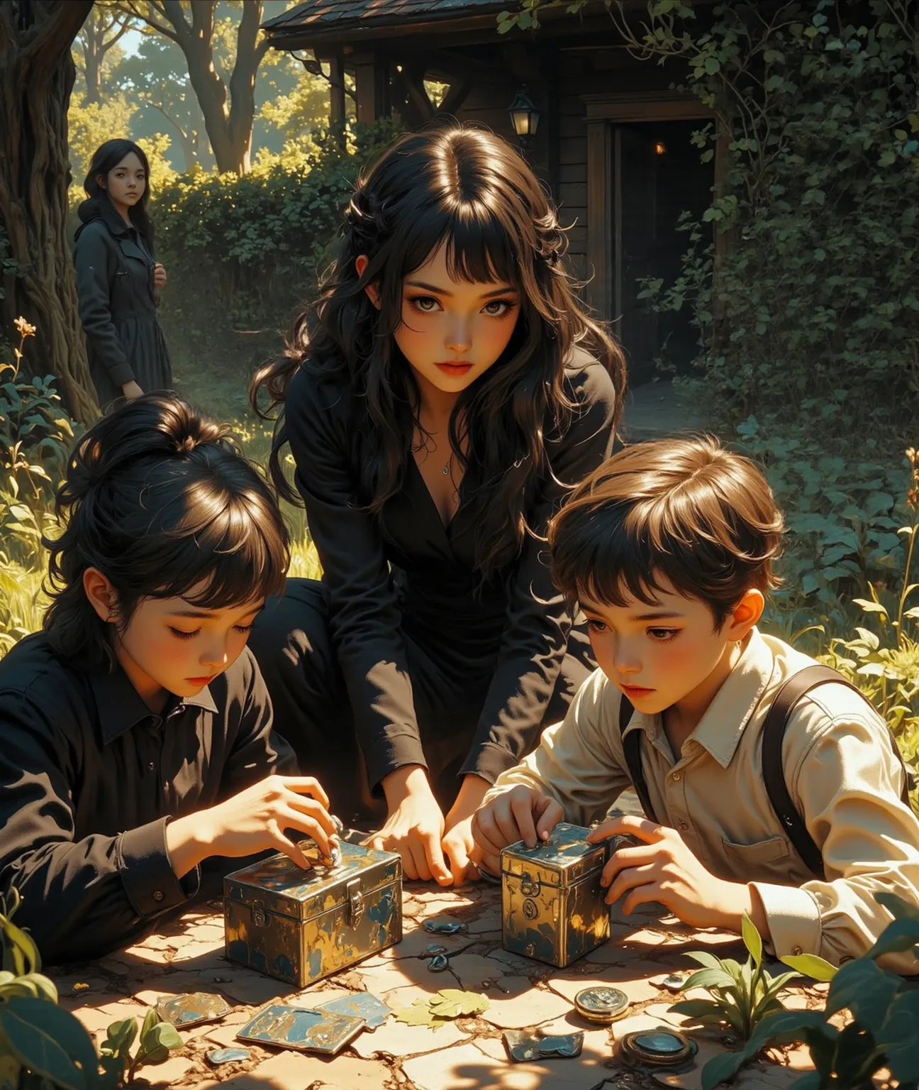 Quatro (4) Children looking at a treasure map sitting on the ground in the forest two boy plus one boy and two girls