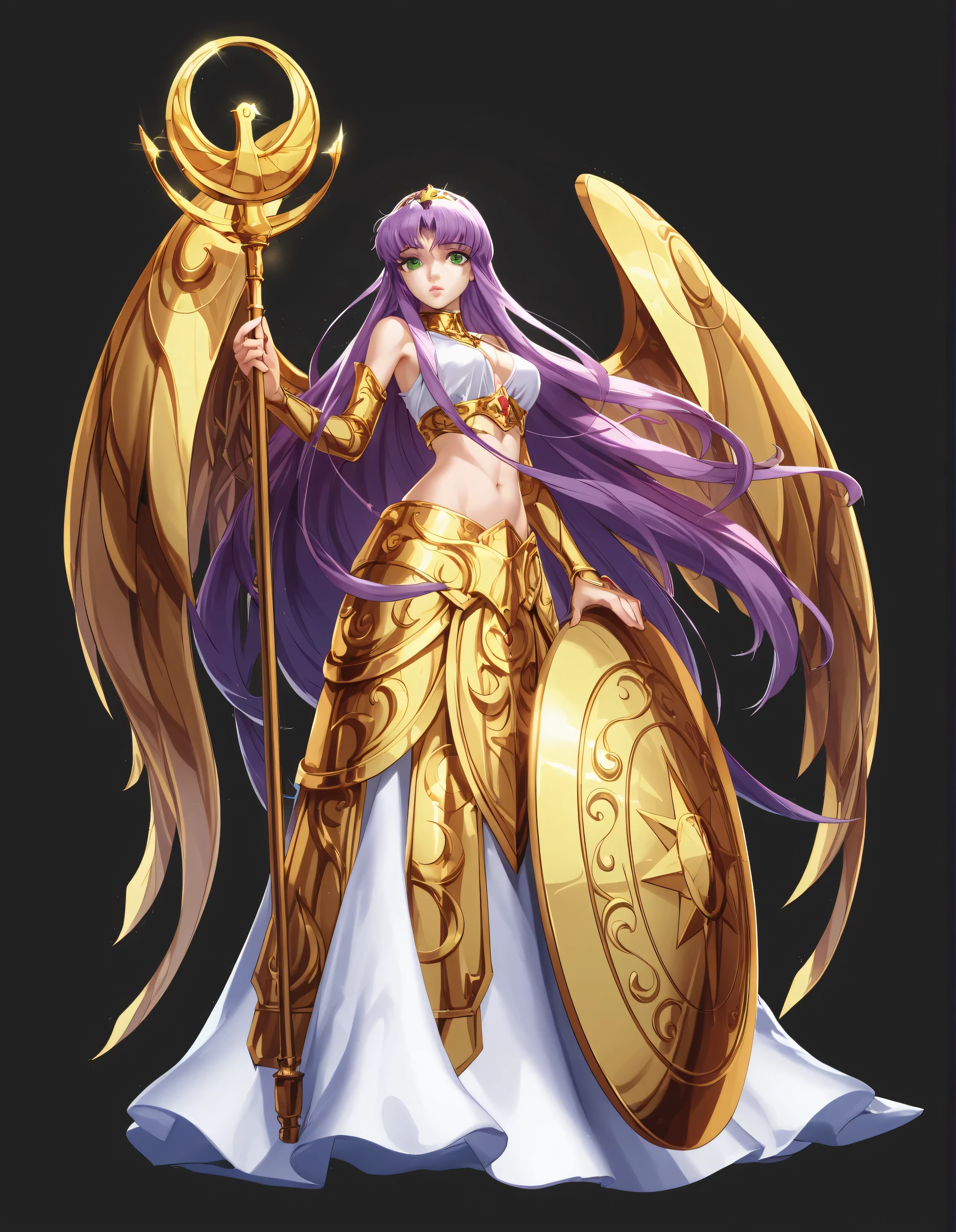  pretty face，melon face，green eyes，Wooden _Saori , Saint Seiya Athena and her simple long light purple hair,green eyes on the throne,rosy cheeks, Full lips ,Thin eyebrows,slim figure,Greek cloth and very long skirt,Holding a holy vessel，cute anime girl,Full Body,long purple hair,anime style,Lumen Reflection,screen space reflection,Diffraction Fractionation,Chromatic Aberration,GB displacement,Scan Line,ray tracing,Anti-Aliasing,FXAA,Thailand ,RTX,safety assessment office,Shaders,OpenGL-Shaders, GLSL-Shaders,Post-Processing,post-production,Cell coloring ,Tone Mapping, Program Gateway , visual effects ,Sound,extremely detailed and intricate, 4K,Wooden _Saori , standing,  solo, masterpiece after sex, best quality, detailed face, meticulous eyes, high-resolution