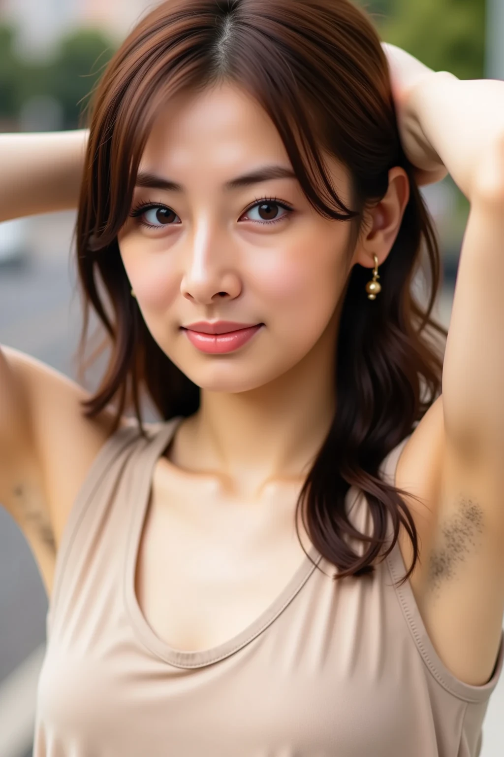 (Realistic:1.3、Ultra HD、Ultra-high resolution、8k、Japanese office lady、At work、White collared shirt、Sleep on your back)、((Looking at the camera:1.8))、(Extremely realistic skin texture:1.4)、(Realistic:1.3)、short hair、(Embarrassed expression:1.5)、(blonde:1.1)、(40-year-old woman、Mature Woman)、Ponytail hairstyle、(Lift your left arm and show your armpit:1.3)、(Armpit close-up:1.4)、(Shooting from the side:1.2)、necklace、Earrings