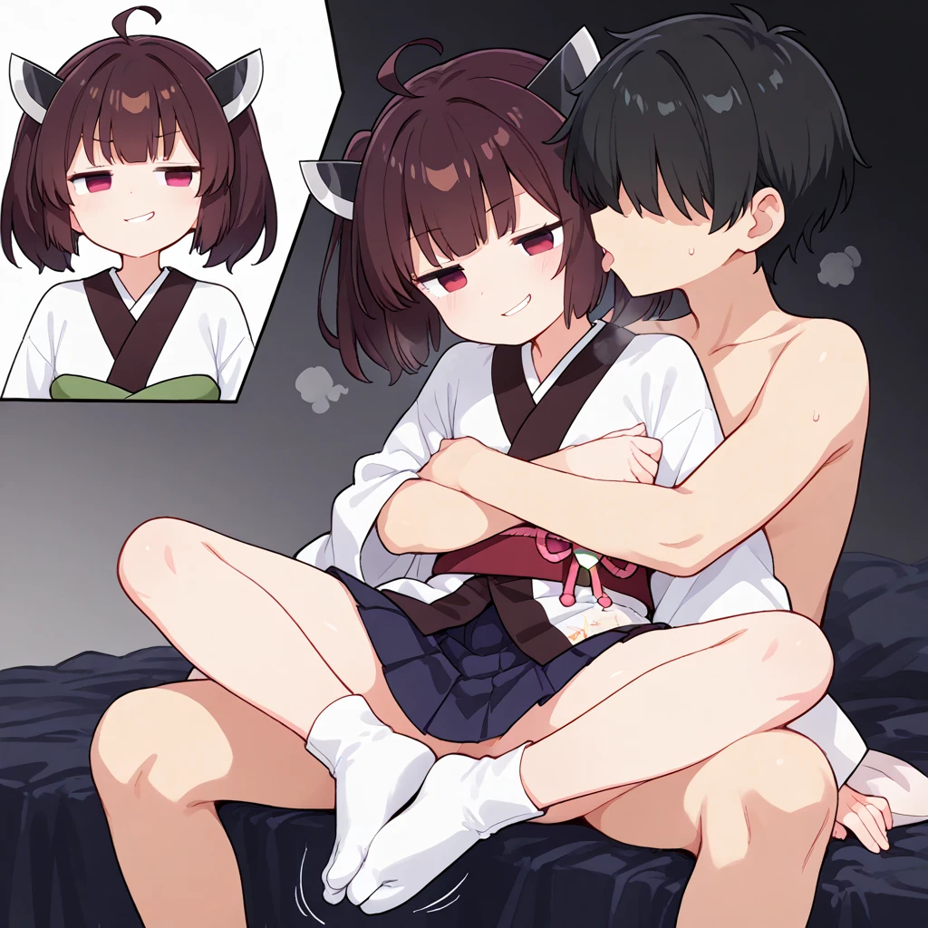 anime artwork, score_9, score_8_up, score_7_up, score_6_up, score_5_up, score_4_up,sparkle \(honkai: star rail\),1girl, twintails, black hair, small breasts, red eyes, red eyeshadow,  fox mask, , , , , she is 24 years old, , ,horny, style_3, floox style, . She has fluorescent pink eyes with tiny black dots under each of her eyes.. naked,  , bite pillow, bedroom,   nude,naked, 1boy, prone bone, sex, vaginal, grey background, head in pillow, boy's head out of frame, blush, nose blush, motion lines, looking down, 