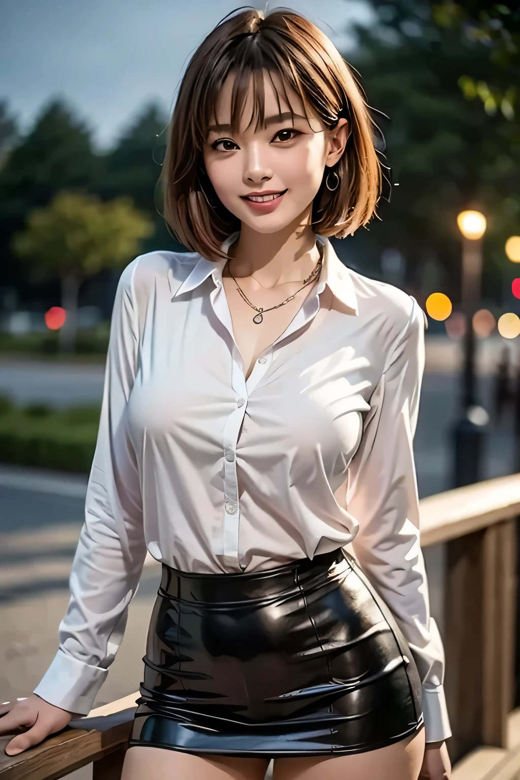 (precise face features), (Highly detailed face), (High density photo quality) , Japanese Beauty, expensive, Long legs, smile, Very short tight leather mini skirt with belt, sleeveless white blouse, Bright coffee shop interior with elaborate lighting,smile,short hair,Crossing your legs