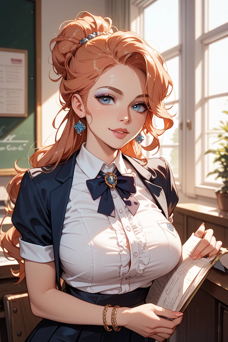 (masterpiece, best quality:1.4), ultra-detailed, finely detailed, intricate details, smooth lighting, perfect female form, mature woman, milf, perfect face, teacher, detailed face, pink lips, glossy lips, makeup, (detailed eyes, expressive eyes, green eyes), (natural breasts), (orange hair, messy bun), freckles, freckles on chest, unbuttoned white blouse, open blouse, black bra, detailded bra, tight miniskirt, strap, buckle, necklace, bracelet, wristwatch, earrings, jewelry, black miniskirk, school, classroom, computer class, artwork on blackboard, flirty, teasing,