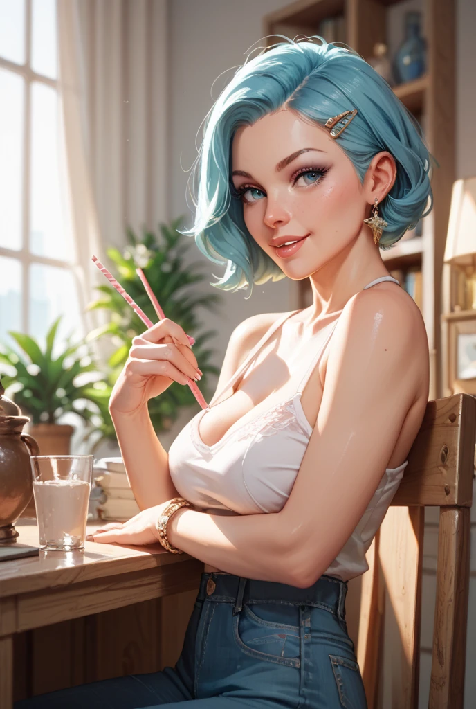 ((Masterpiece, in the style of Gil Elvgren or Alberto Vargas)), ((bulma from dbz,))red lipstick, polka dots, vintage fashion, high-waisted shorts, cropped top, wavy blue hair, prop plane in the background. --auto --s2