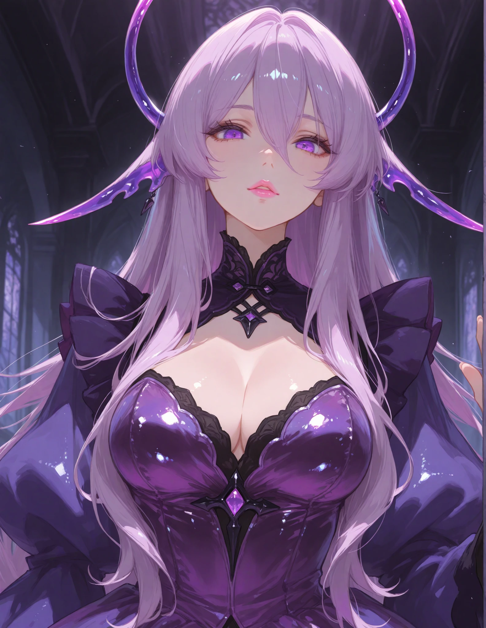 best quality, extremely beautiful, beautiful face, beautiful purple eyes, elf woman, shiny skin, long wavy white air, in a dark forest at night, purple glowing symbol in the sky, wearing a large purple open coat, transparent clothing, no pants, no bra, nsfw