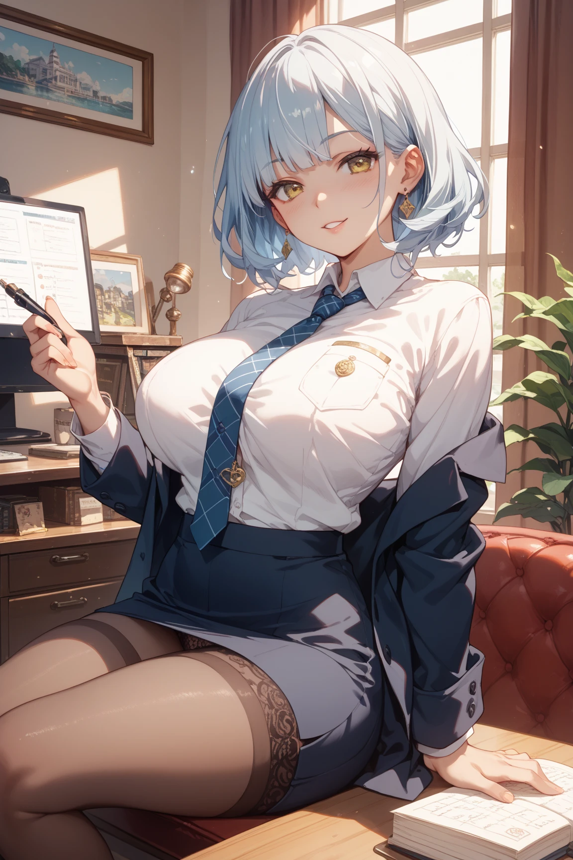 Anime Kawaii sexy Perfect Slim sensual body large breast and huge thighs, An intricate and highly detailed illustration of anime (Young girl) anime girl sitting on a desk with her legs crossed, office clothes, on a desk, thigh and skirt, sitting on a desk, tight costume, trends on cgstation, good hips and Legs long, standing on a desk, sleek legs, pose sexy, Legs long, (SFW) safe for work, Business attire, nice legs, photorealistic perfect body, Kafka by Honkai Star Rail