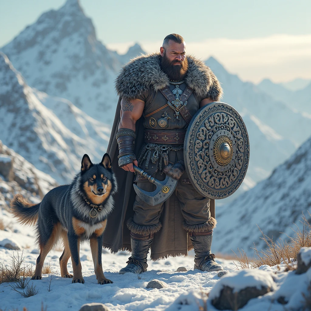 the best quality, very high resolution, detailed 4K CG, Masterpiece artwork, augur, Nordic Deuses, handsome man holding bagpipes plus a wolf, rune tattoos, viking, Celtic mountains, blue sky, Norse mythology, viking rune tattoo, beautiful aesthetic, Beautiful picture, There are beautiful mountains with green grass in the back