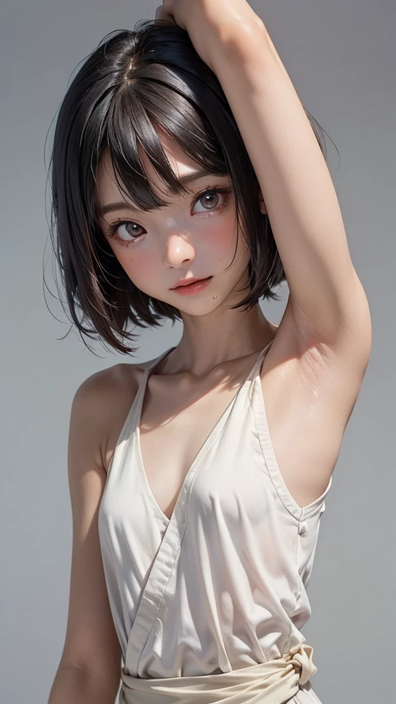 (((Gazing at the audience)))、smile、ponytail、Highest quality、masterpiece、Ultra-high resolution、(Realistic:1.4)、Pijama lace shorts、Cinema Lighting、(Ted gray hair、Normal bust:1.3)、Ultra detailed face、Detailed eyes、double eyelid、Big Hips、library、(Sexy young woman&#39;Body:1.4),ponytail、

