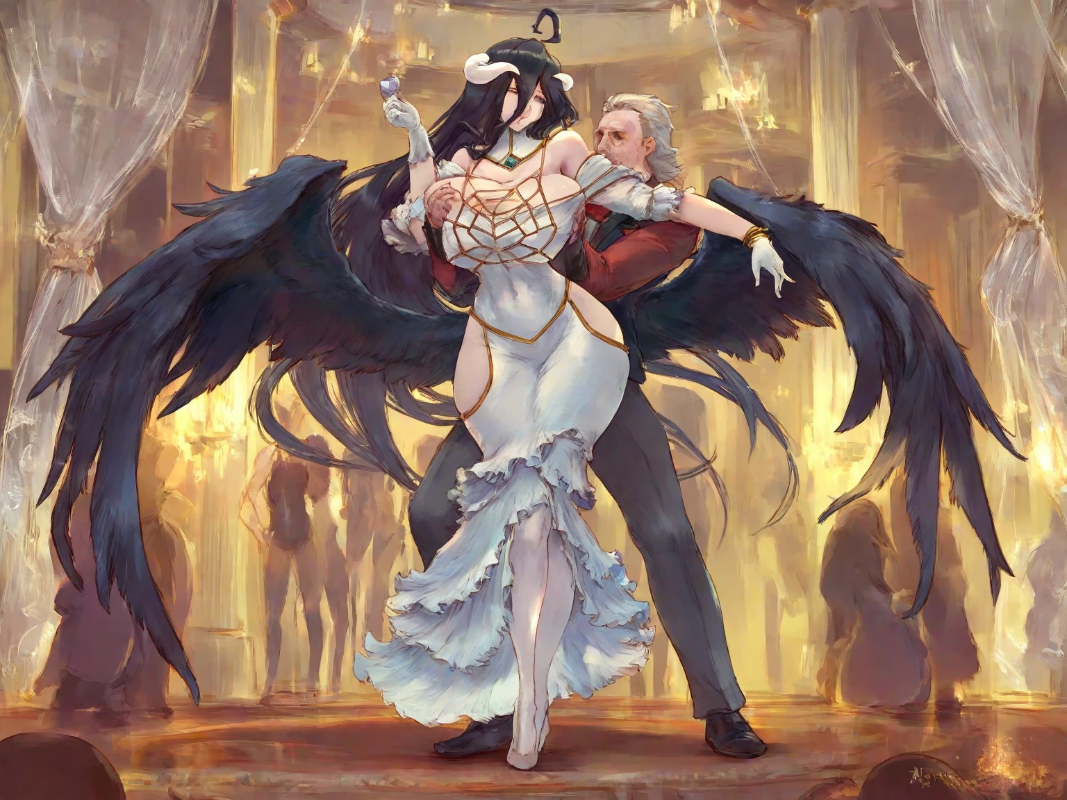 anthro avian bird, beak, ((winged-arms)) female, detailed, masterpiece, realistic, sunlight, dappled sunlight, 1girl, flowing red dress, dancing, inside a ballroom, people dancing in background, depth of field, medium breasts, masterpiece,