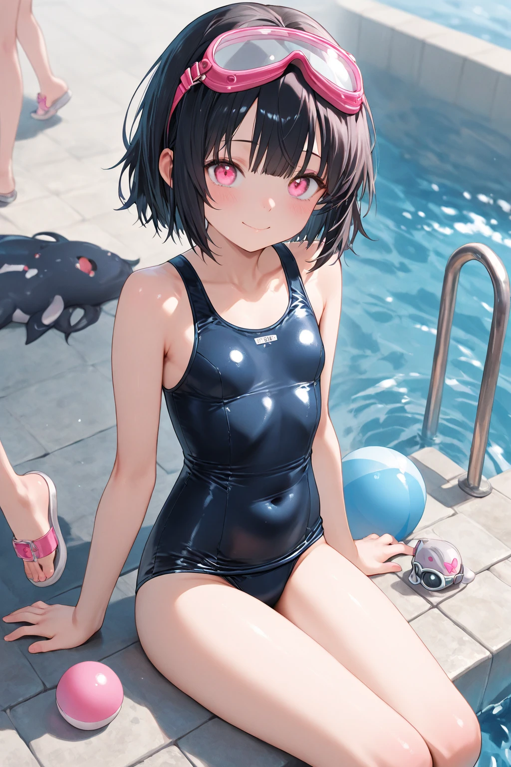 (best picture quality, 4K, high quality, masterpiece::1.2), ((masterpiece)), high detail, high quality, best picture quality, ((high quality, nsfw,  showing armpits, embarrassed, open legs)), multiple girls, nsfw, cute, early teen girl in a competition swimsuit with pantyhose at poolside in the indoor pool, full body, loli, short height, medium breasts, bokeh, DOF, Portrait, evil grin, open stance, (cute illustration:1.2), high-resolution, ultra-detailed, best-quality, bare-shoulder,