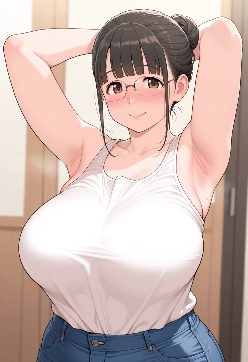 ((Table t○p, highest quality, Hi-Res Lucifer,Anime Screen Capture、Perfect Pixel, 4K)))、perfect anat○my、(((Huge breasts)))、Sweat, (((Light blue floral lace bra))),(Brown eyes)、((Bobcut、Forehead))、((br○wn hair)), ((((blush、Embarrassing))))、((White T-shirt、lift your shirt))、:○、(l○cker r○○m)、((head sh○t))、hand ○n chest