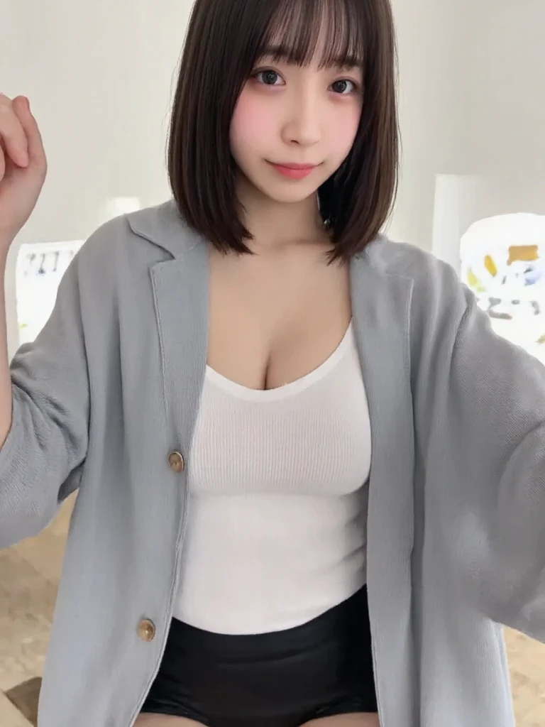 Japanese female 1 person. Fits your face. Age 25, Sharp jaw, RAW Photos, masterpiece, Highly detailed photos, Digital SLR, Photorealistic 3.9, Ultra-high resolution, Highest quality, Pink Lips, No makeup, big, Light brown eyes、(Bobcut、expose forehead)、Captured by a professional photographer、whole body、smile、Mole under the eye、blush、Glowing Skin、Blessings of Nature、Please open your mouth a little、(stick out your tongue a little)、I like you、Nice body、Sunburn mark、Covered nipples、Anatomically correct、bed、indoor、close、胸はbig、Thin woman、shirt_male、White lace panties、White shirt、one piece、Tight Skirt、uniform、Nurse uniform、((Off, side-by-side photo:1.2)), ((pubic hair:1.3)) ass pov, kiss、(Butedium Chest)、ass pov_doorway