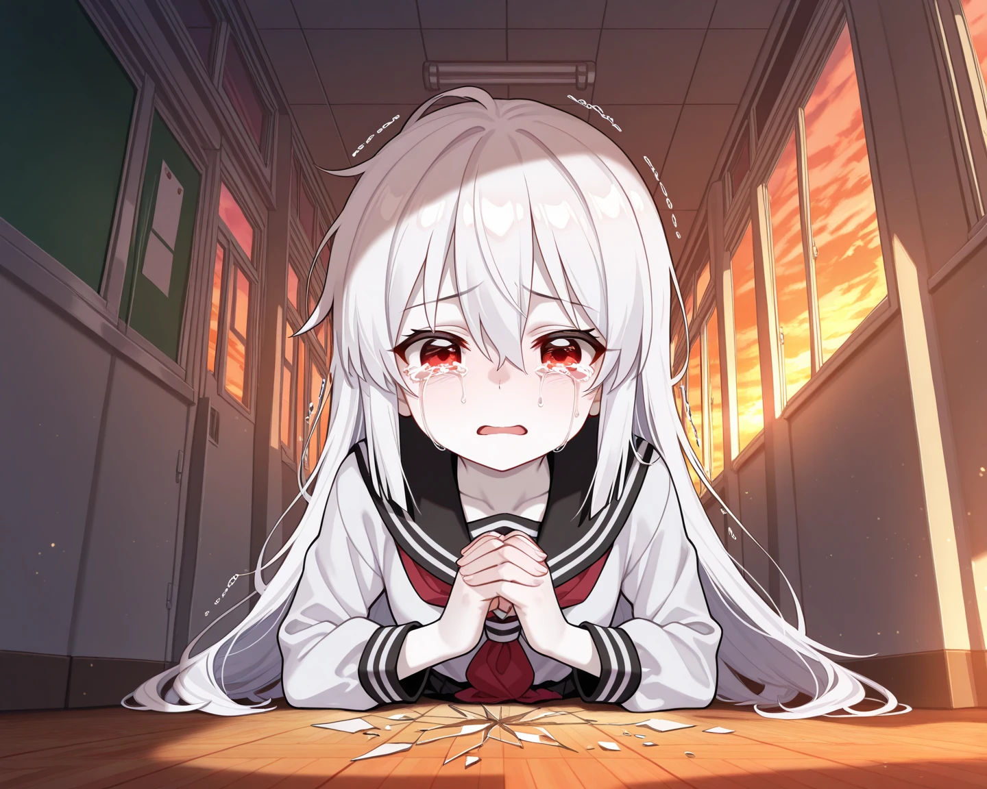 BREAK Perfect Anatomy、(High resolution:1.2)、Incredible illustrations、(Cute illustrations:1.2)、（Beautiful background） (a girl,  1.5meters, 40kg),,17-year-old,flat chest）(despair:2.0,tears:2.5)(school uniform,skirt）　(blowing ramen out of her mouth)Female student eating super spicy ramen