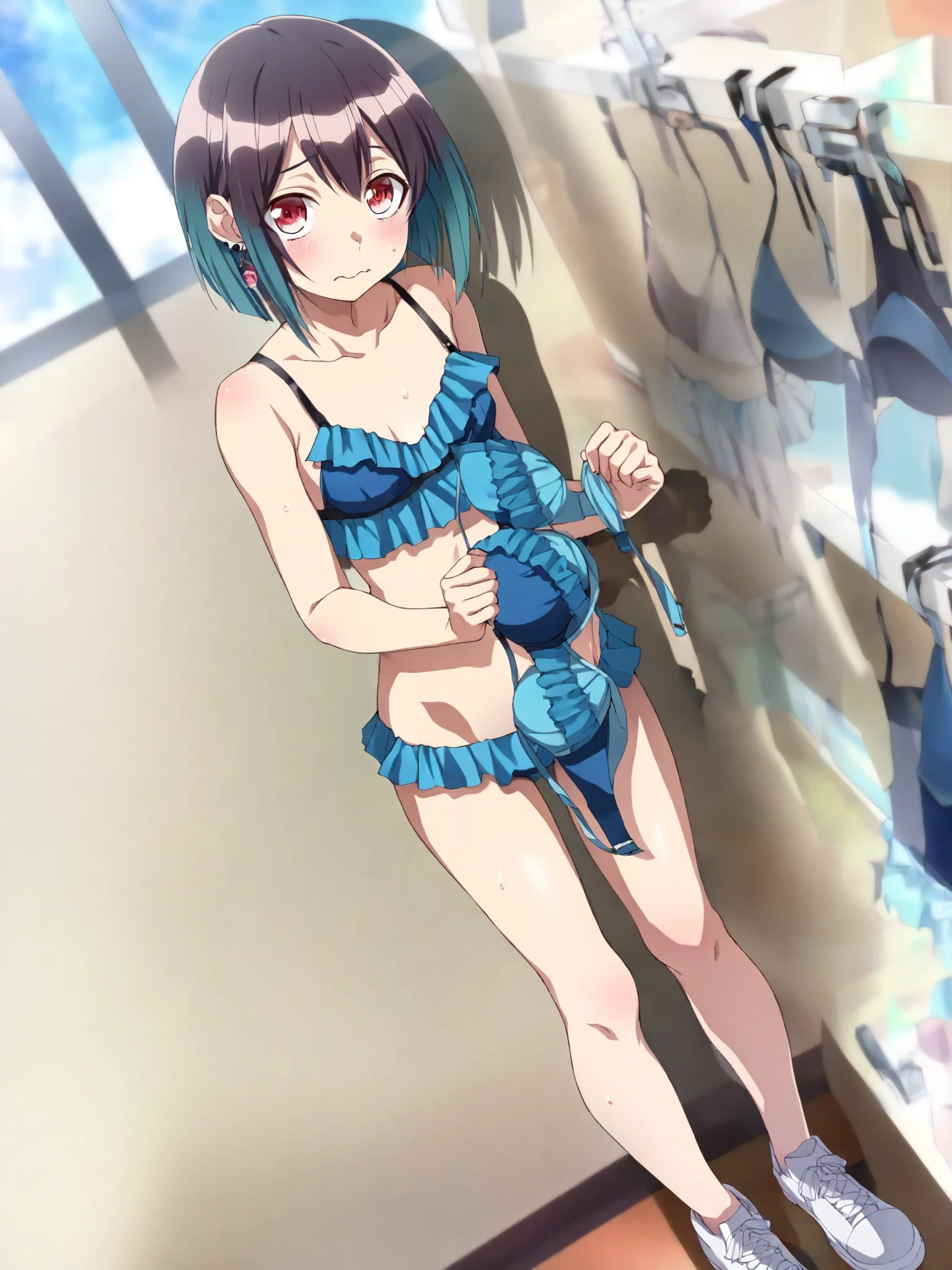 masterpiece、Highest quality、((Wooden sauna scene))、A girl about high school age sitting、Blue one-piece swimsuit、Blushing、Eyes closed、Gritting your teeth