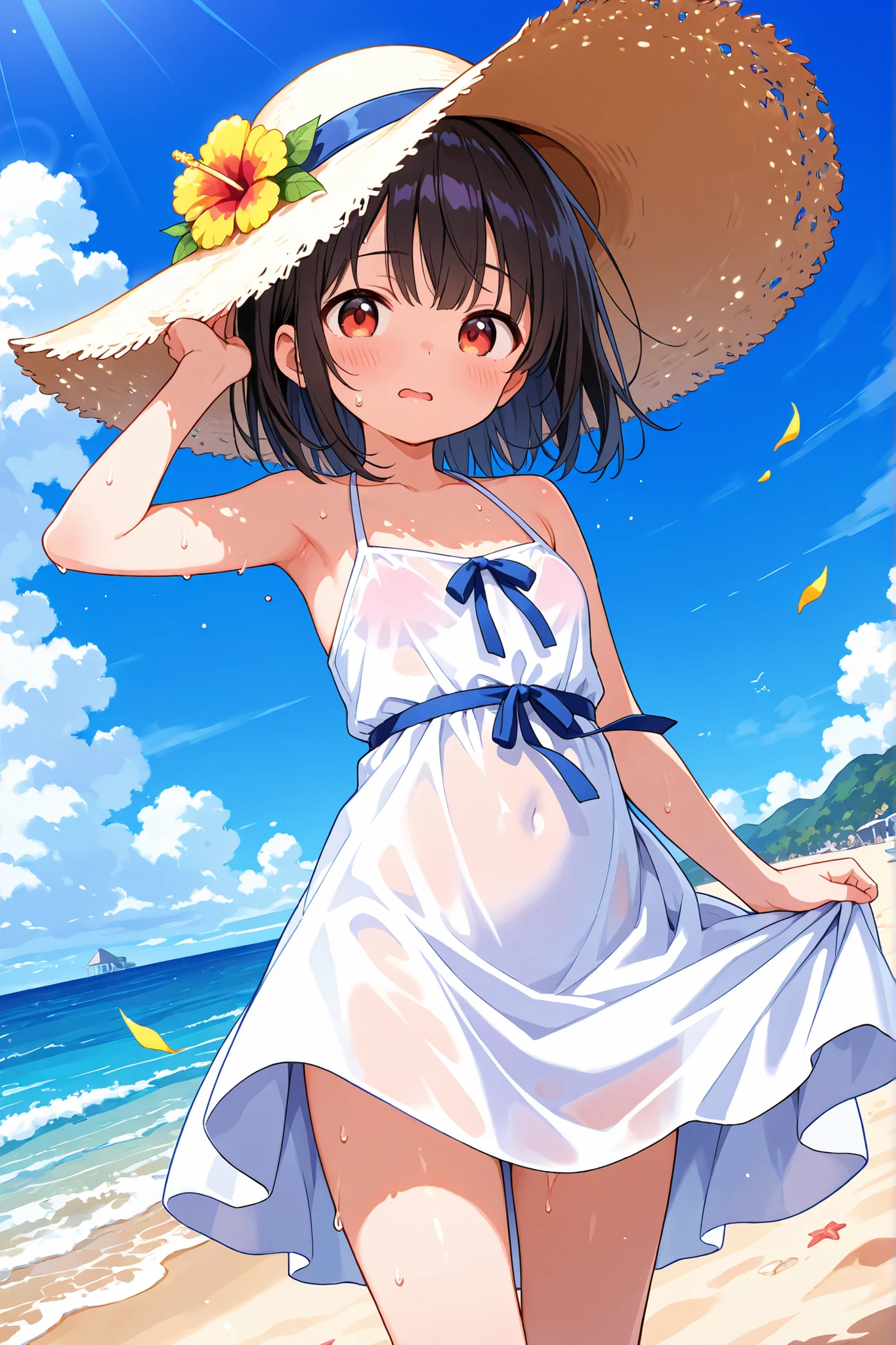 summer dress,large hat,sweat,beach,