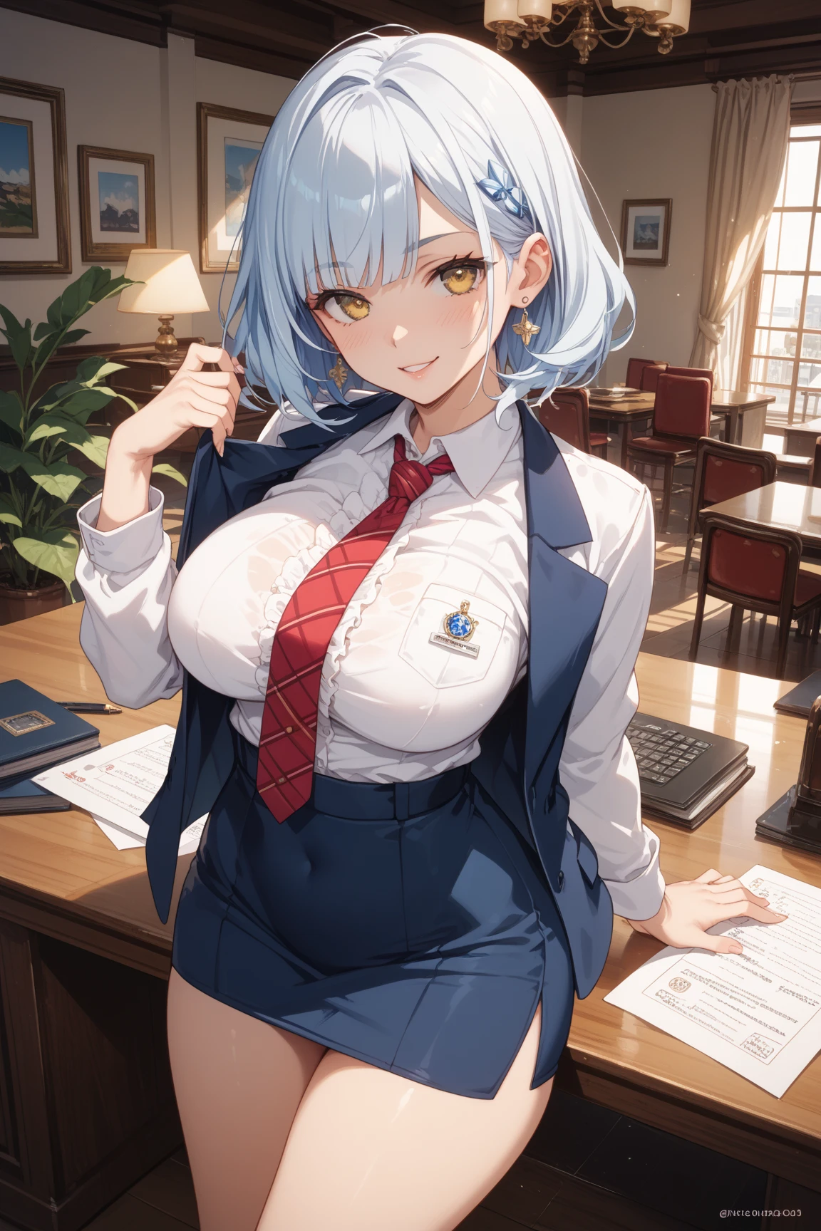 brid (nikke), highres, 1girl, blue eyes, grey hair, hair over one eye, earrings, sideless shirt, looking at viewer, bare shoulders, large breasts, sideboob, absurdres, blue necktie, mole on breast, garrison cap, collared shirt, blue skirt, sidelocks,score_9, score_8_up,score_7_up, masterpiece, best quality, perfect anatomy, very aesthetic, 8k,