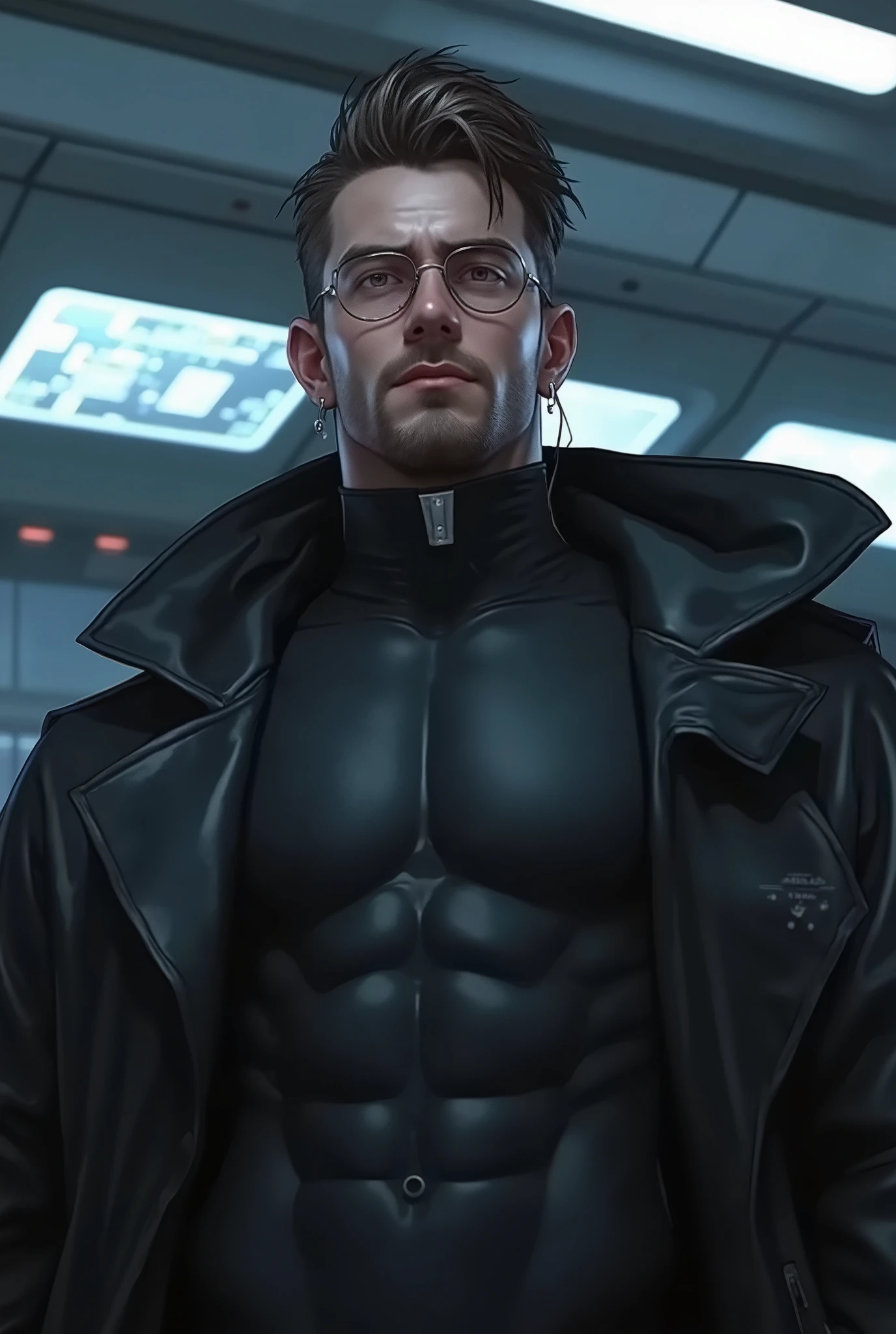 (masterpiece, Photorealistic:1.4, Extremely complex:1.3), (photon mapping, radio glow, , physical visualization , ultra high definition, hyperrealistic, Photorealistic:1.4, hyperrealistic, 8 k), powerful, muscular man, square face shape with a clear jawline, serious face, male , Brutal. ((Almond-shaped light gray eyes:1.4)), ((Groomed stubble:1.4)). hair short, стрижка side part, brunette, age 30 years. Man tall , massive, wide, strong chest, ((emphasized abdominal muscles and perfectly pumped arms:1.5)), detailed skin texture, glasses, expensive frame. Sexy man, it has the black futuristic uniform of a spaceship captain (( background — spaceship captain's bridge ), stands on the bridge, leaning your back on the interactive panel, The lighting is bright, without deep shadows))